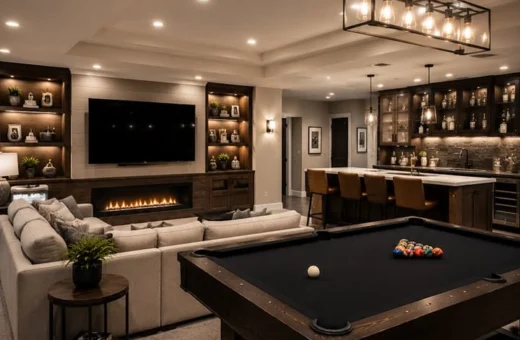 Finished basement lounge with linear fireplace, built-in shelving, sectional sofa, and pool table