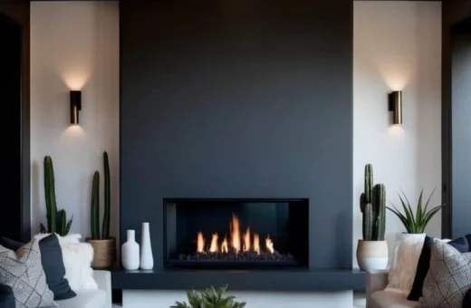 Modern living room with a black tile fireplace surround and wood mantel between two sofas