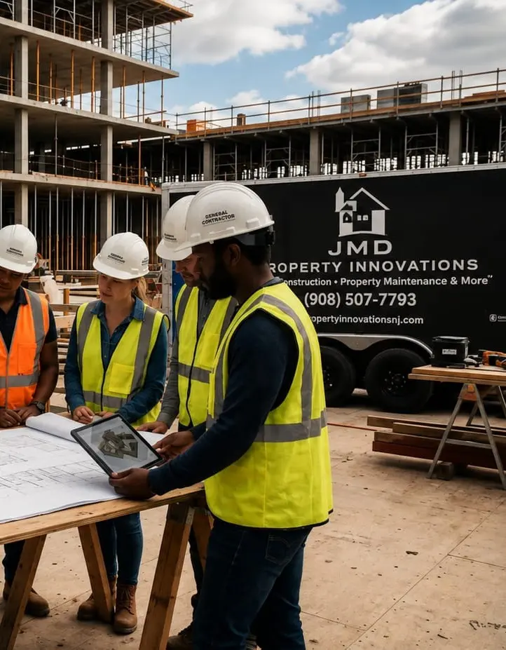 JMD Property Innovations crew reviewing blueprints on site, with the company truck in the background